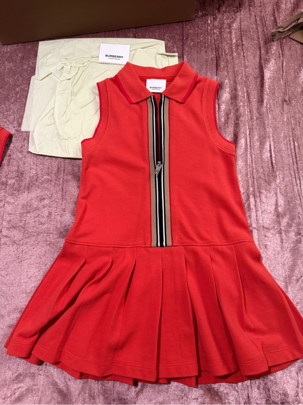 Burberry Red Sleeveless Polo Zip-Front Pleated Kids Dress